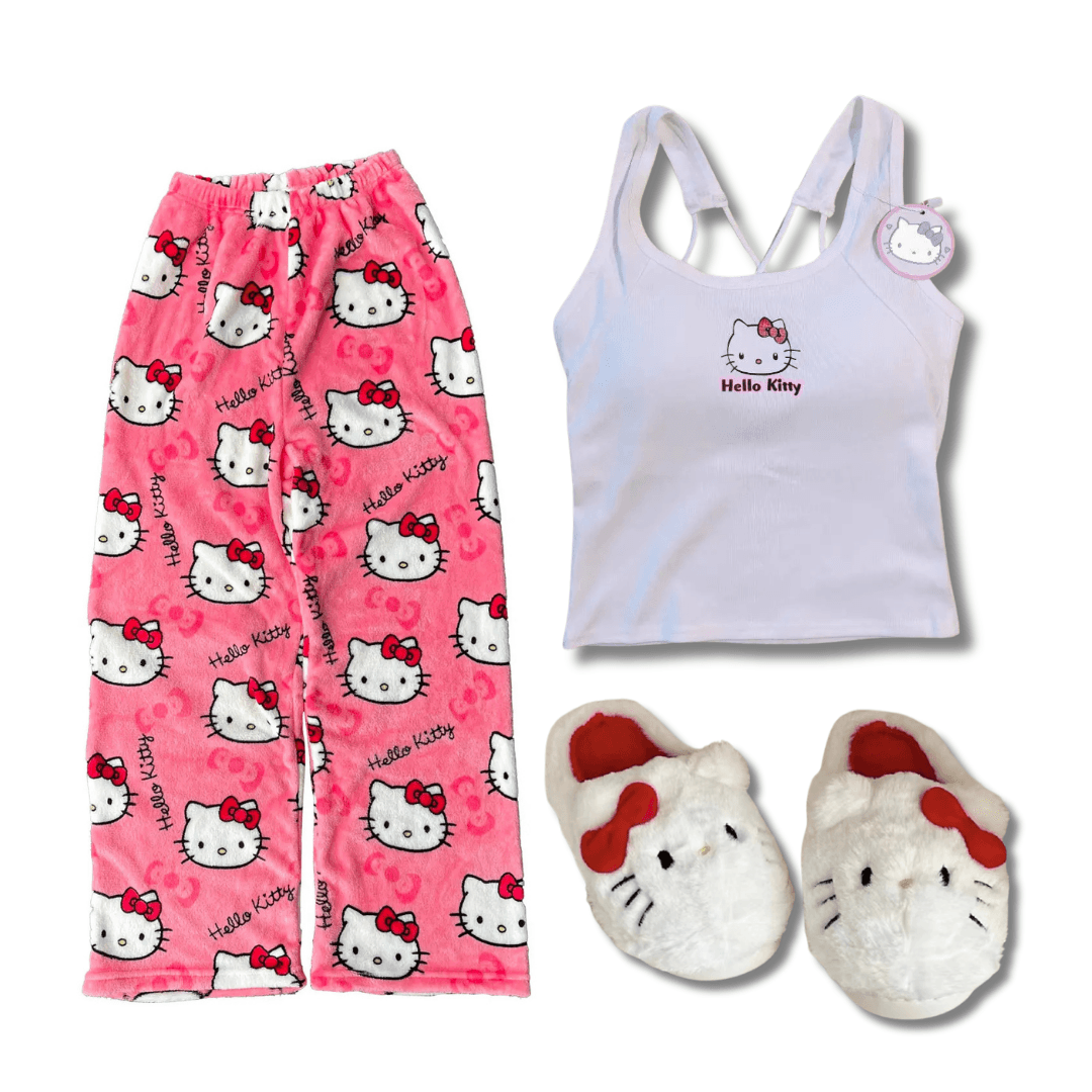 Conjunto Hello Kitty: Calça + Blusa + Pantufa