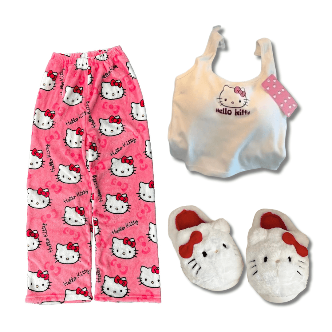 Conjunto Hello Kitty: Calça + Blusa + Pantufa